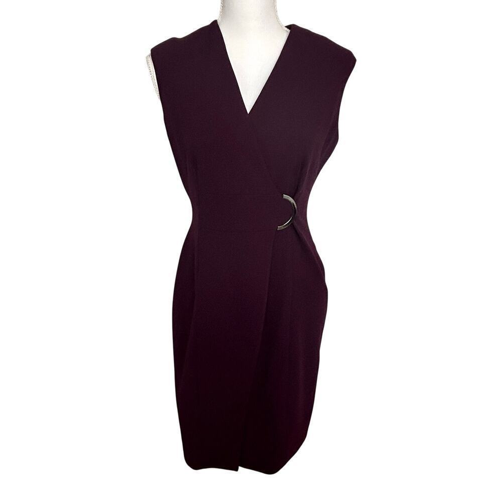 Calvin Klein NWT burgundy faux wrap sleeveless dress with silver hardware size 4